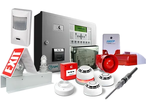 Fire alarm panel, detectors, call point and sounder